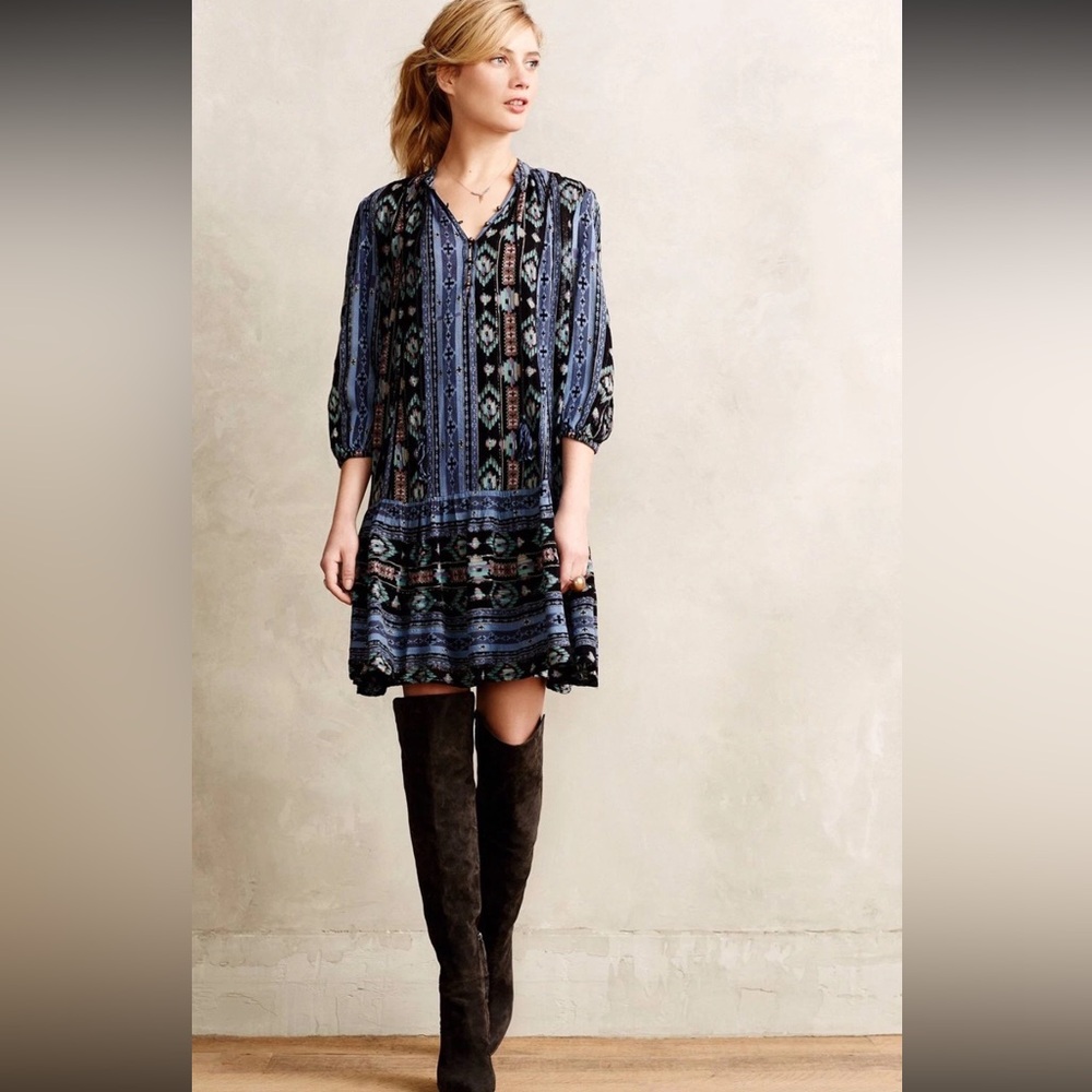 Anthropologie Holding Horses XS Boho Peasant Dress Metallic Thread Tassel Tie - Picture 7 of 7